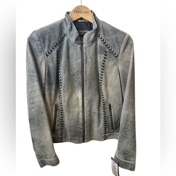 Gray Suede Leather Motorcycle Jacket with Quilted Details - Picture 1 of 8
